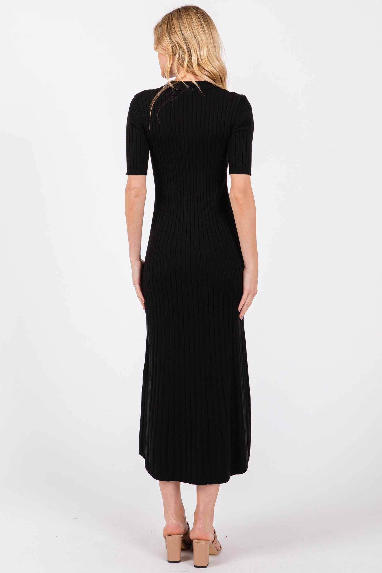 Black Ribbed Knit Button Up Midi Dress