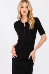 Black Ribbed Knit Button Up Midi Dress