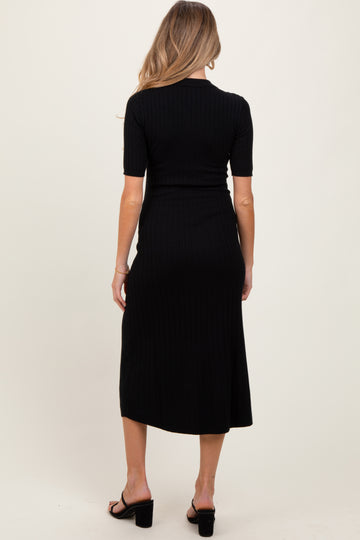 Black Ribbed Knit Button Up Maternity Midi Dress