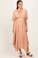 Peach Floral V-Neck Flutter Sleeve Maternity Maxi Dress