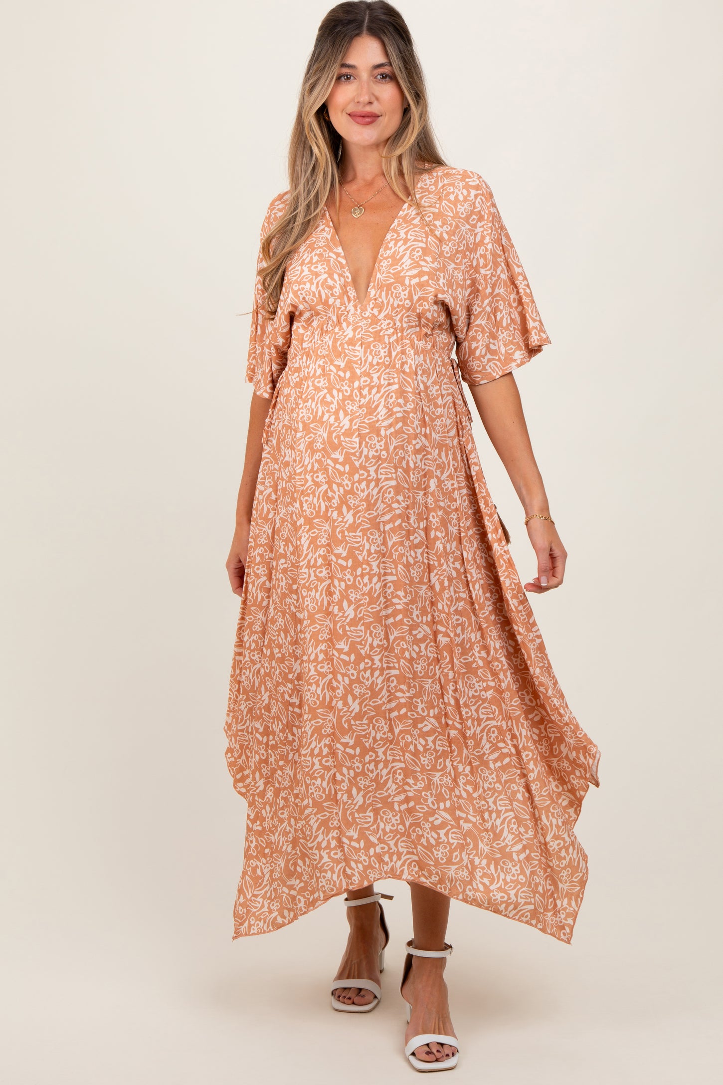 Peach Floral V-Neck Flutter Sleeve Maternity Maxi Dress