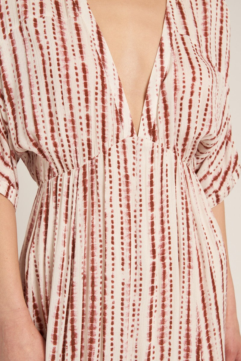 Rust Printed Deep V-Neck Midi Dress
