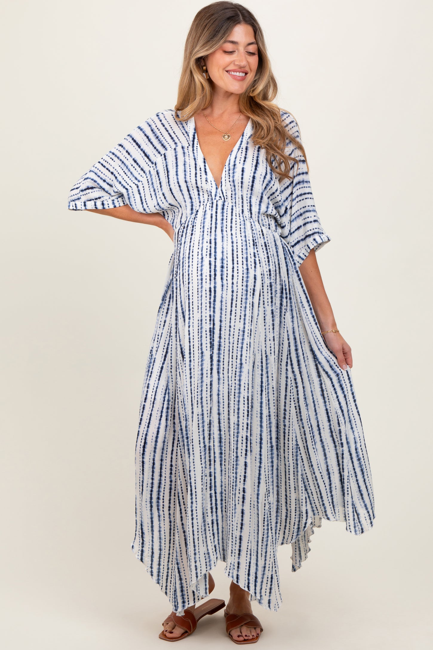 Navy Printed Deep V-Neck Maternity Midi Dress