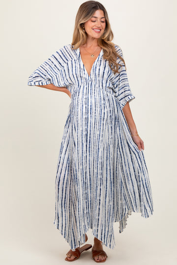 Navy Printed Deep V-Neck Maternity Midi Dress