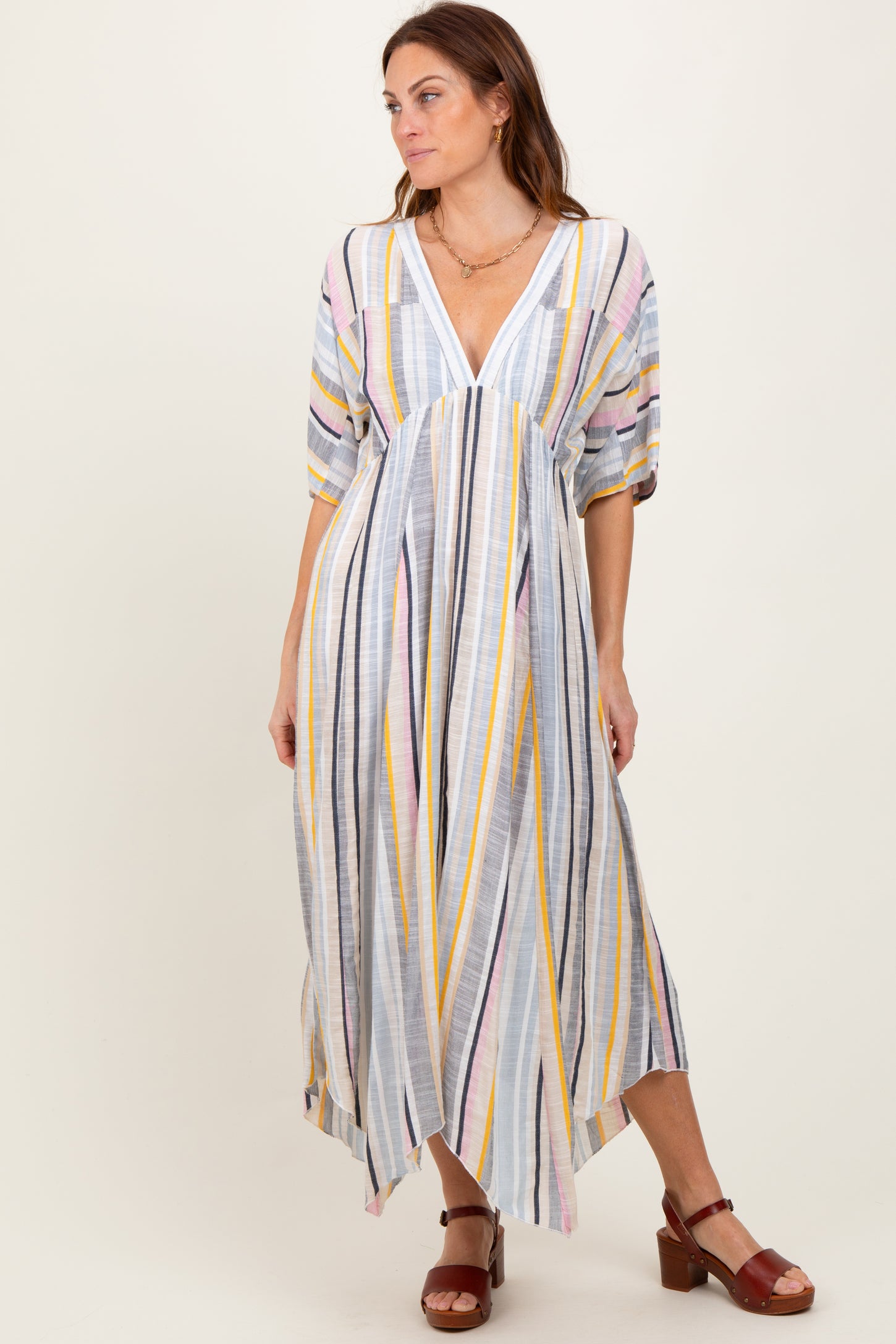 Multicolor Striped Handkerchief Hem Maternity Maxi Dress