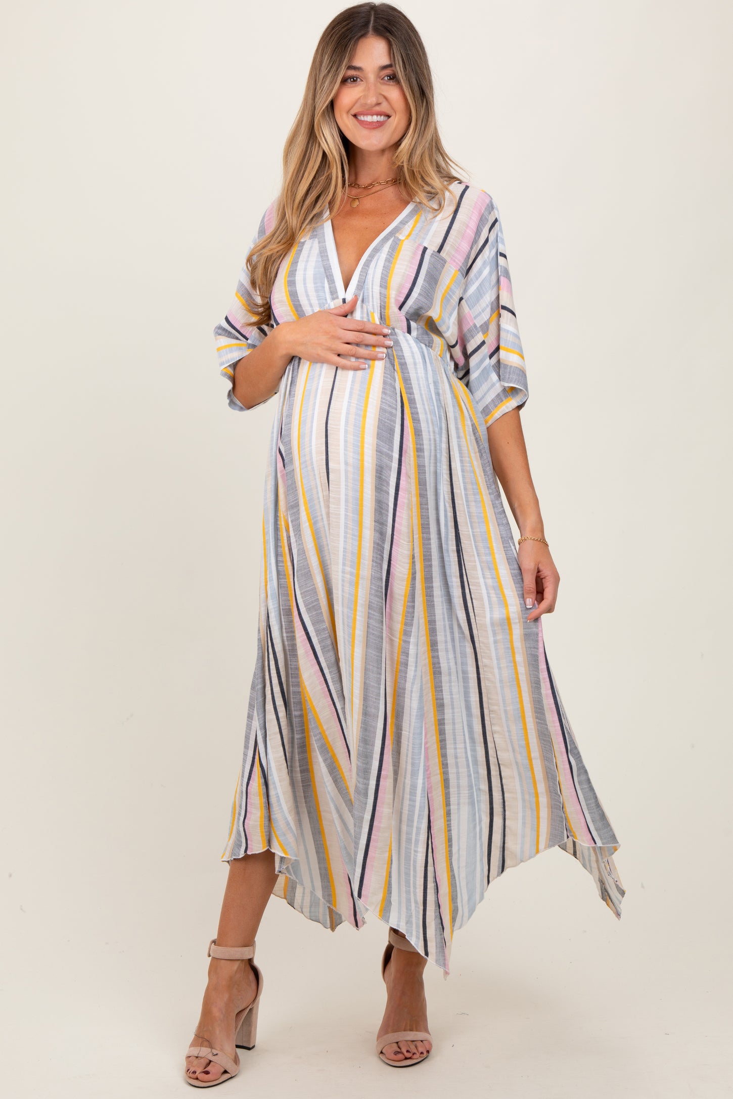 Multicolor Striped Handkerchief Hem Maternity Maxi Dress
