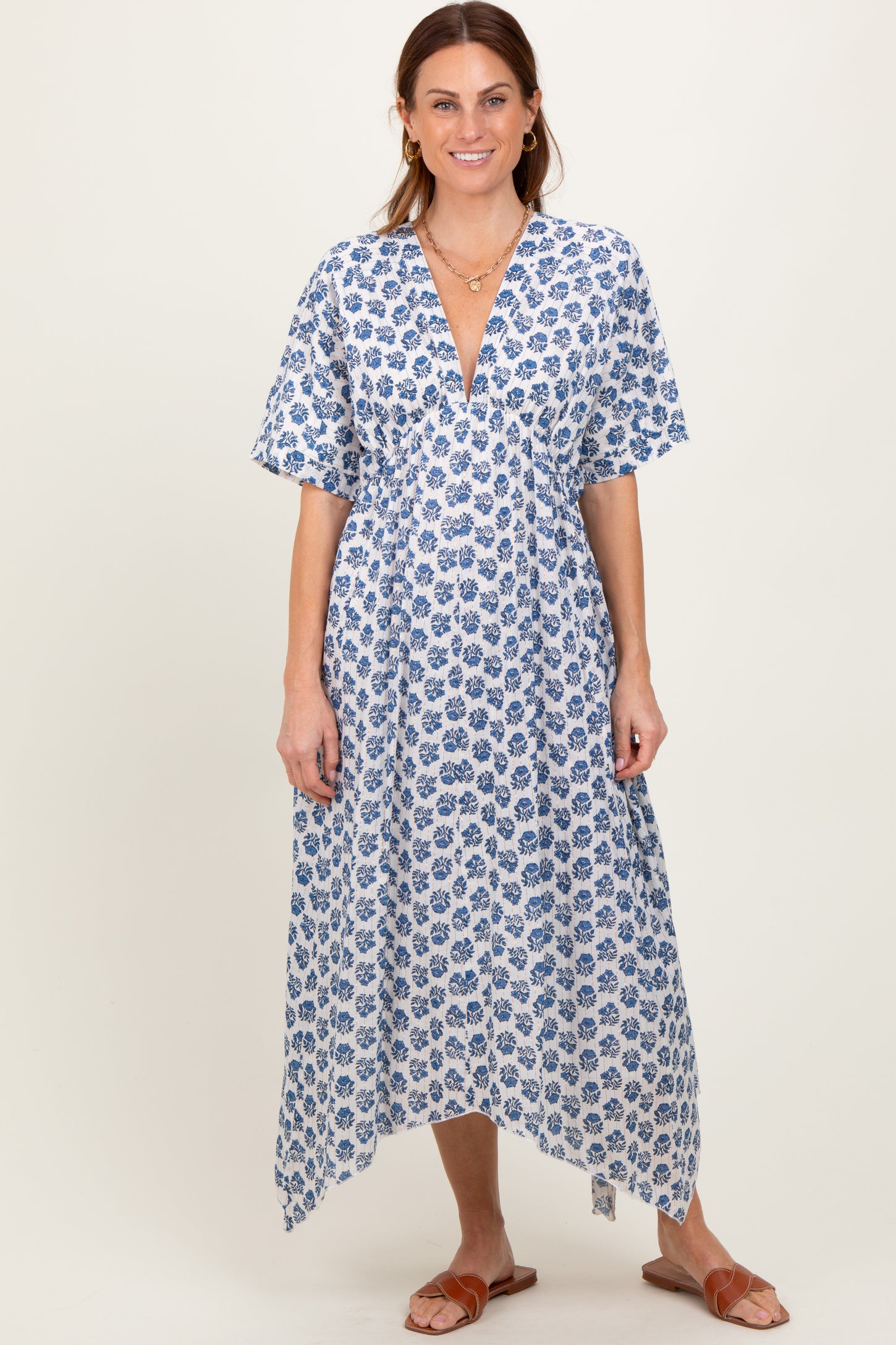 Navy Floral Deep V-Neck Handkerchief Hem Maxi Dress PinkBlush Navy Floral Deep V-Neck Handkerchief Hem Maxi Dress PinkBlush