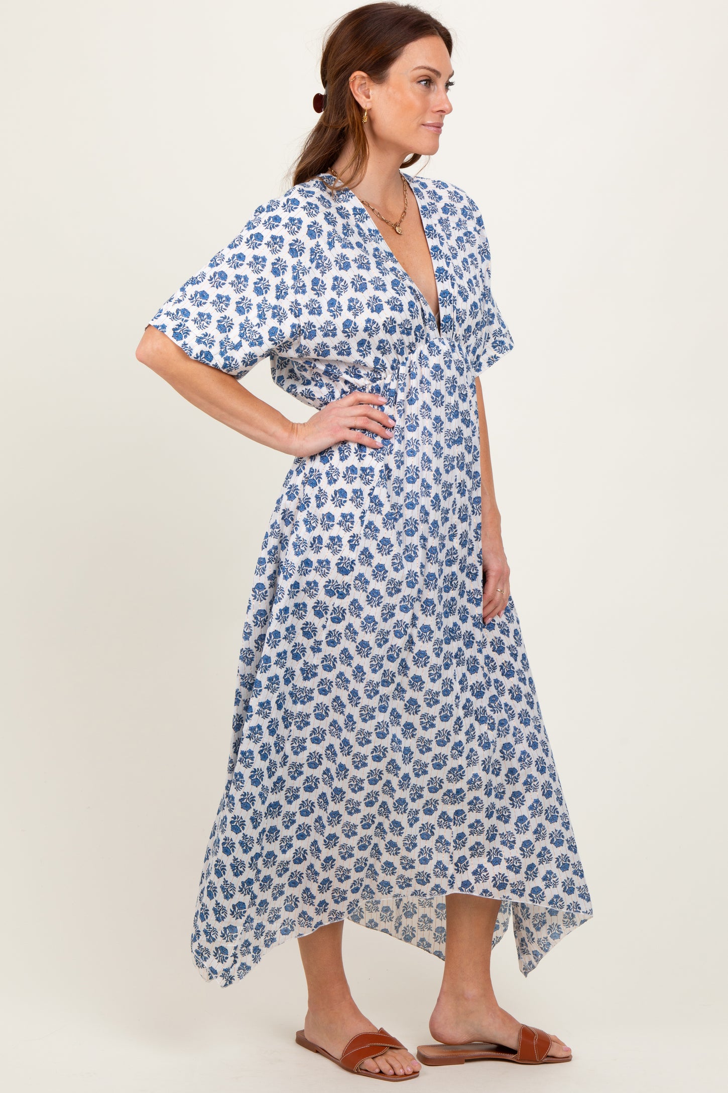 Navy Floral Deep V-Neck Handkerchief Hem Maxi Dress Navy Floral Deep V-Neck Handkerchief Hem Maxi Dress