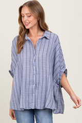 Blue Striped Collared Oversized Maternity Top