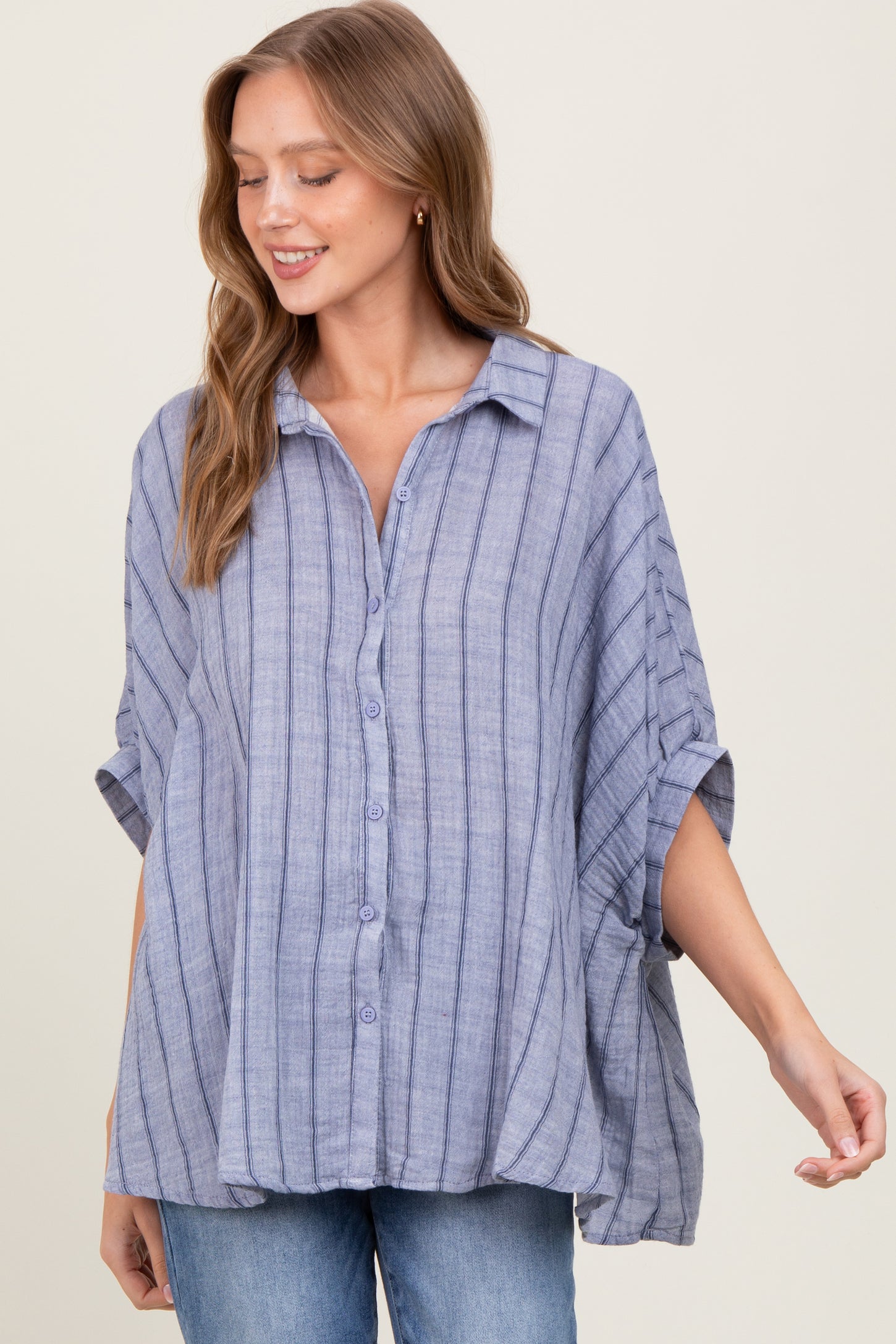 Blue Striped Collared Oversized Maternity Top