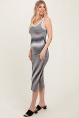 White Striped Ribbed Side Slit Sleeveless Midi Dress