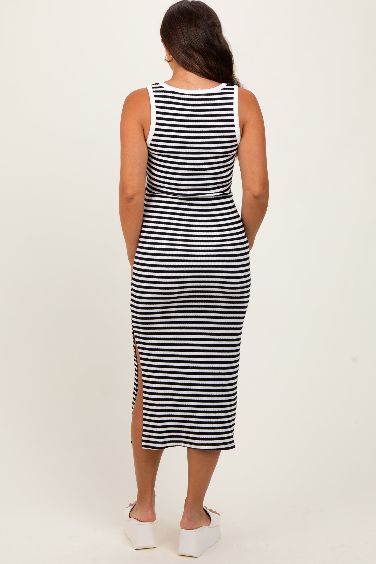 White Striped Ribbed Side Slit Sleeveless Maternity Midi Dress
