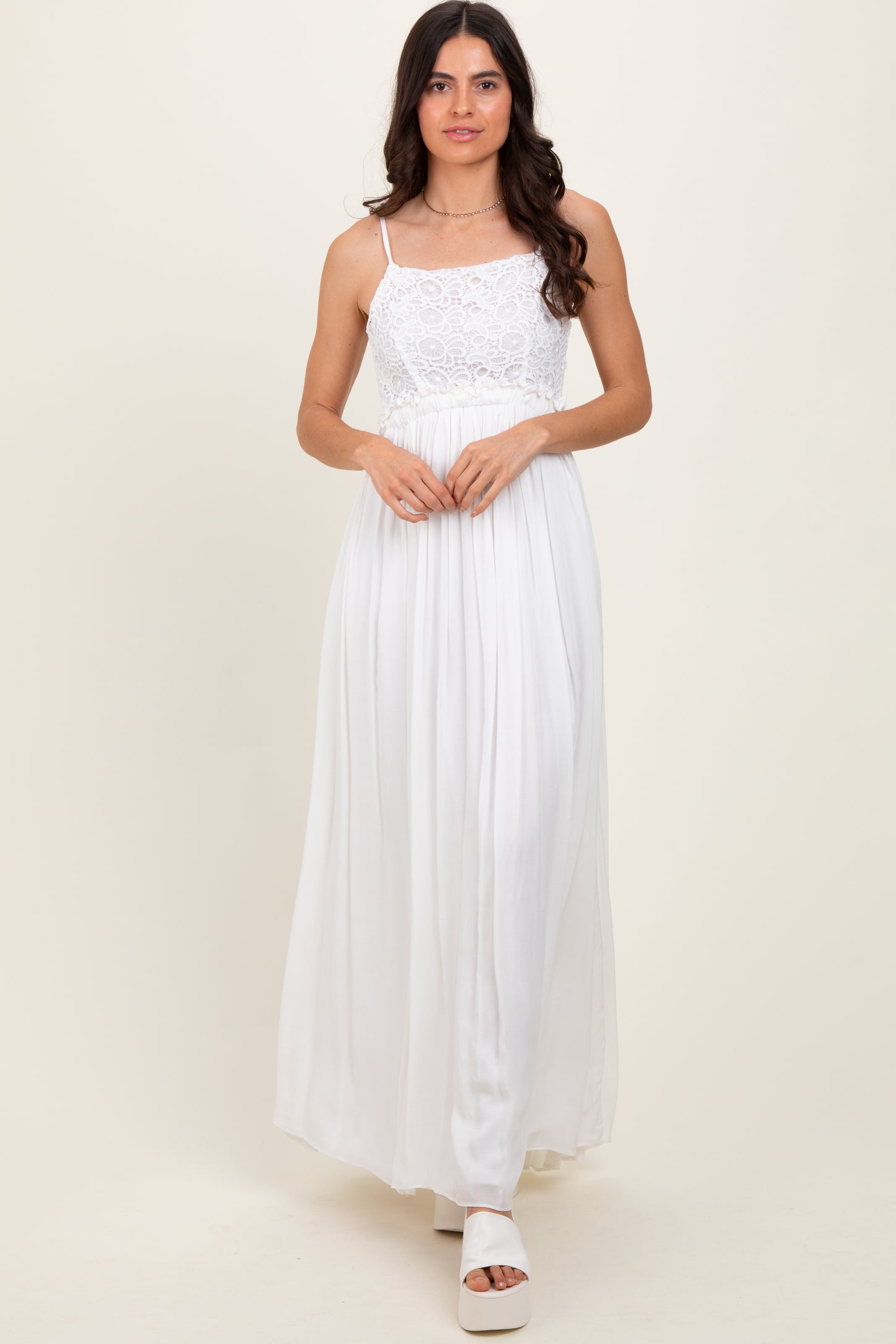White Lace Bodice Cutout Tie Back Maxi Dress