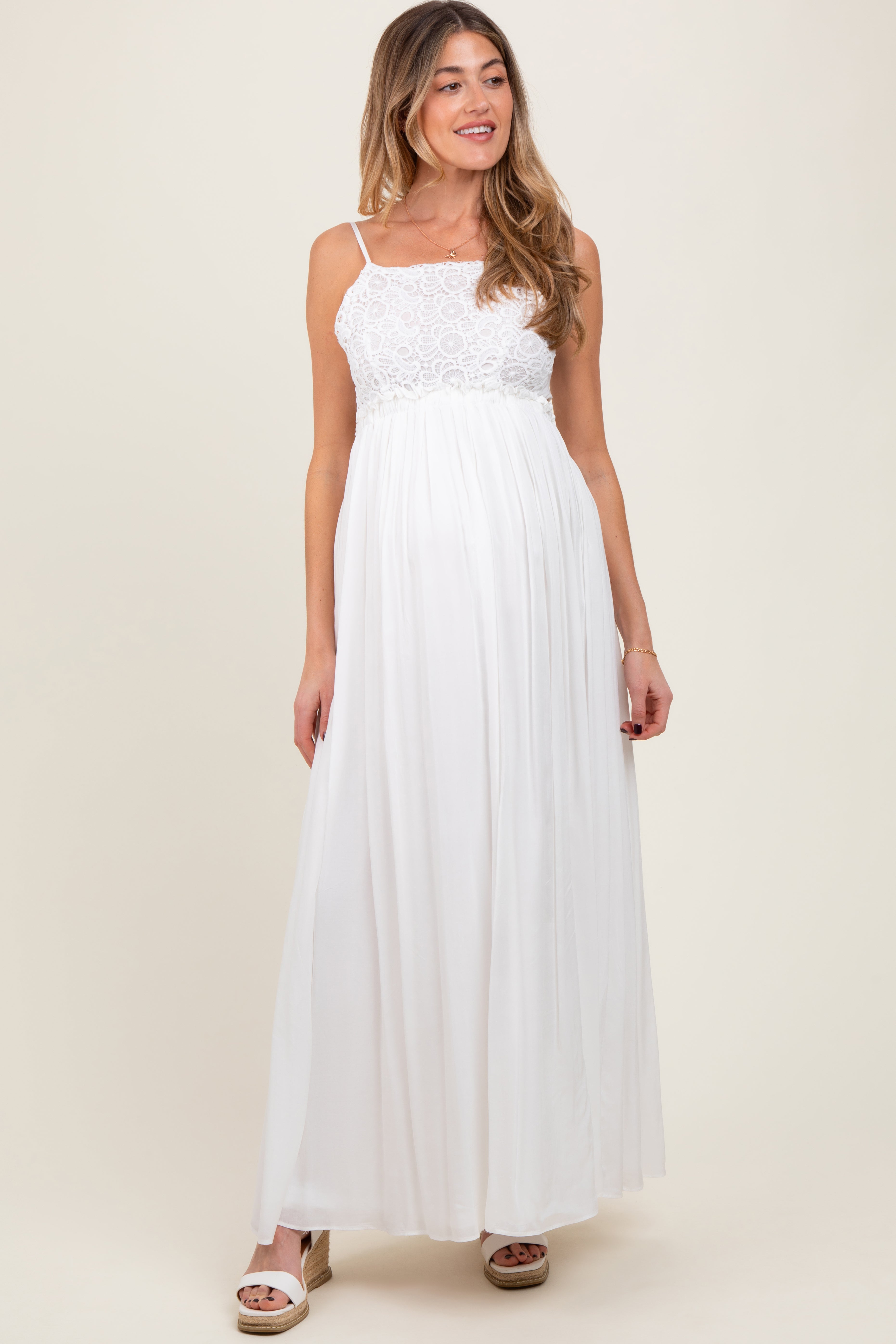 White Lace Bodice Cutout Tie Back Maternity Maxi Dress PinkBlush White Lace Bodice Cutout Tie Back Maternity Maxi Dress PinkBlush