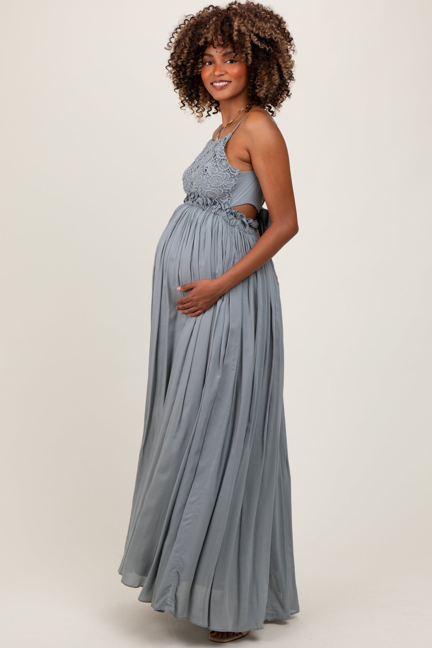 Grey Lace Bodice Cutout Tie Back Maternity Maxi Dress Grey Lace Bodice Cutout Tie Back Maternity Maxi Dress
