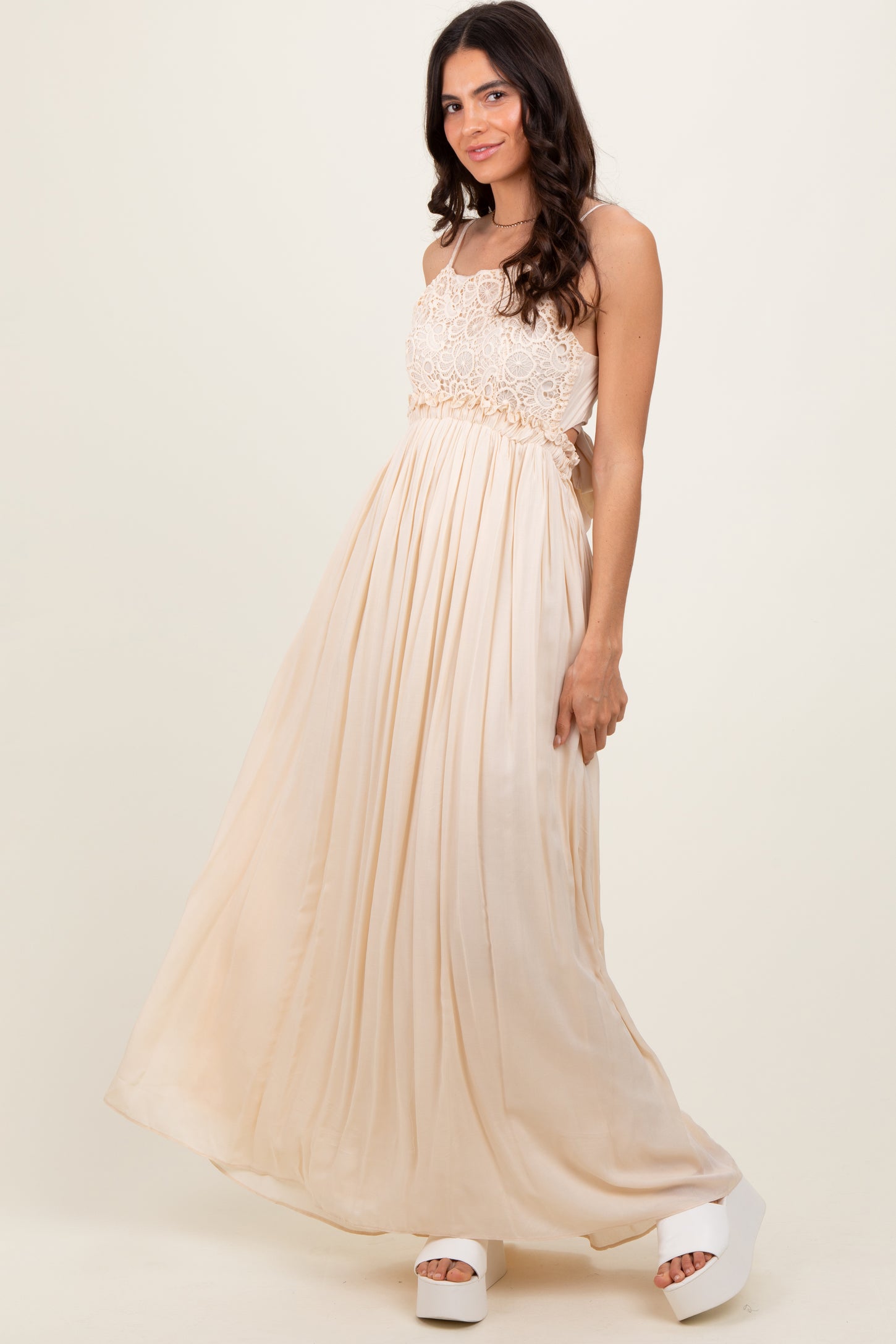 Beige Lace Bodice Cutout Tie Back Maternity Maxi Dress – PinkBlush