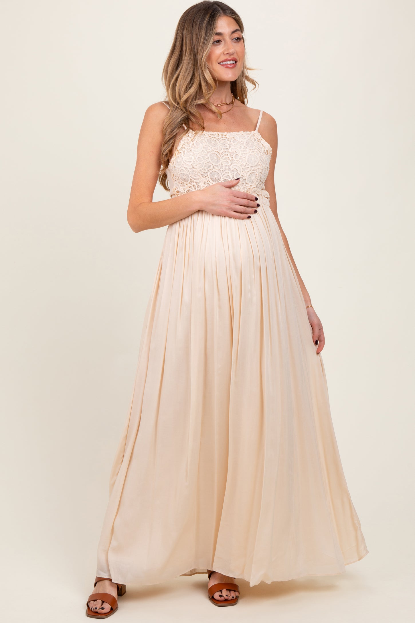 Beige Lace Bodice Cutout Tie Back Maternity Maxi Dress PinkBlush Beige Lace Bodice Cutout Tie Back Maternity Maxi Dress PinkBlush