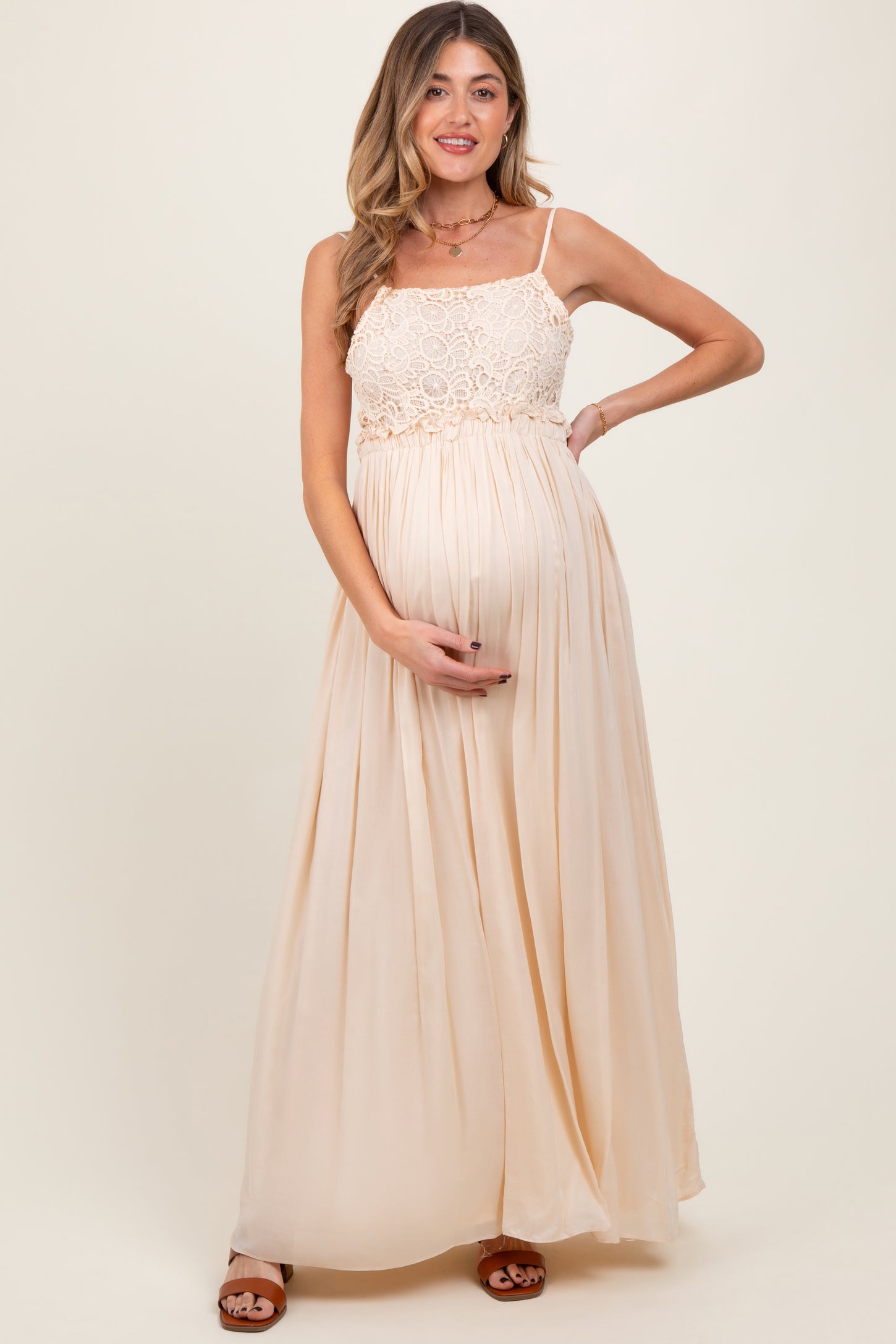 Beige Lace Bodice Cutout Tie Back Maternity Maxi Dress – PinkBlush