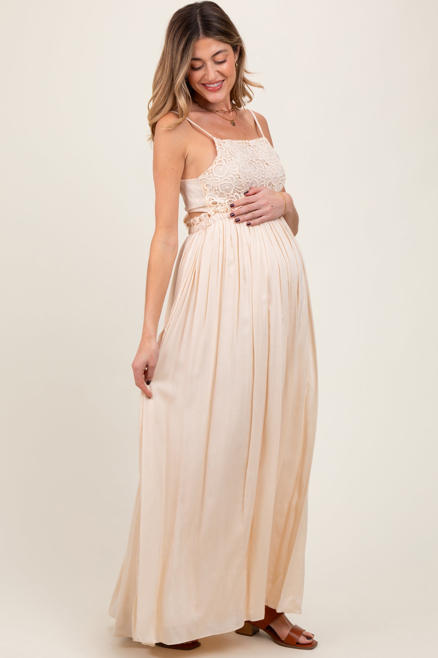 Beige Lace Bodice Cutout Tie Back Maternity Maxi Dress Beige Lace Bodice Cutout Tie Back Maternity Maxi Dress