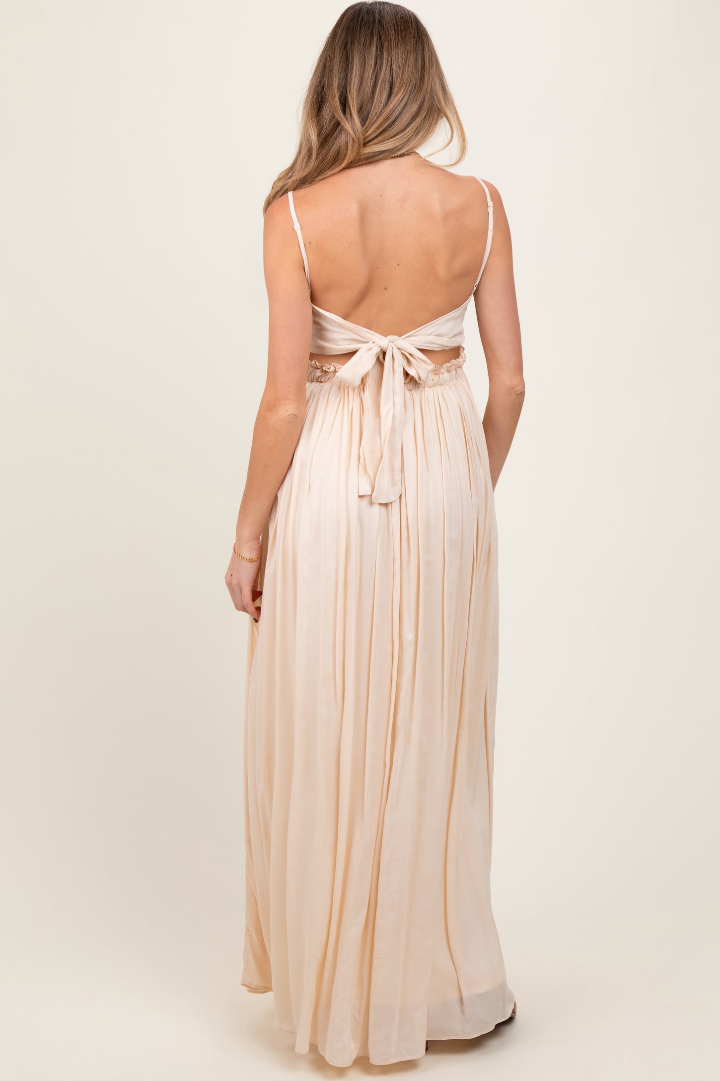 Beige Lace Bodice Cutout Tie Back Maternity Maxi Dress Beige Lace Bodice Cutout Tie Back Maternity Maxi Dress