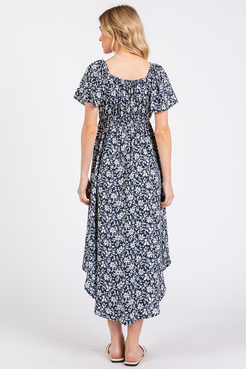 satin ruched floral midi dress in navy Blue Floral Print Ruched Side Satin Midi Dress