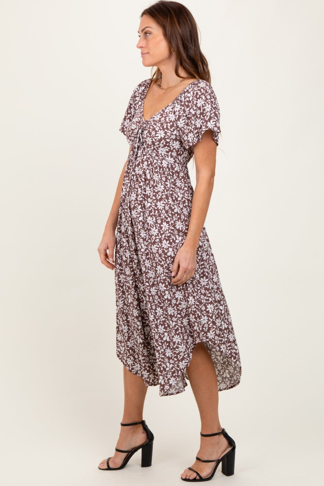 Brown Floral Ruched Tie Front Midi Dress – PinkBlush