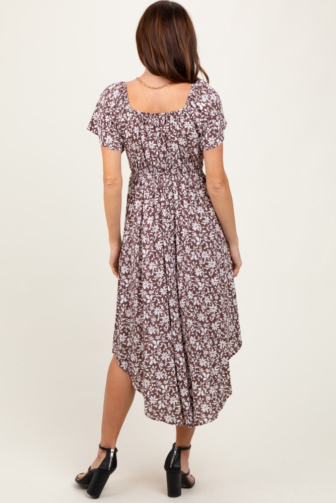 Brown Floral Ruched Tie Front Midi Dress