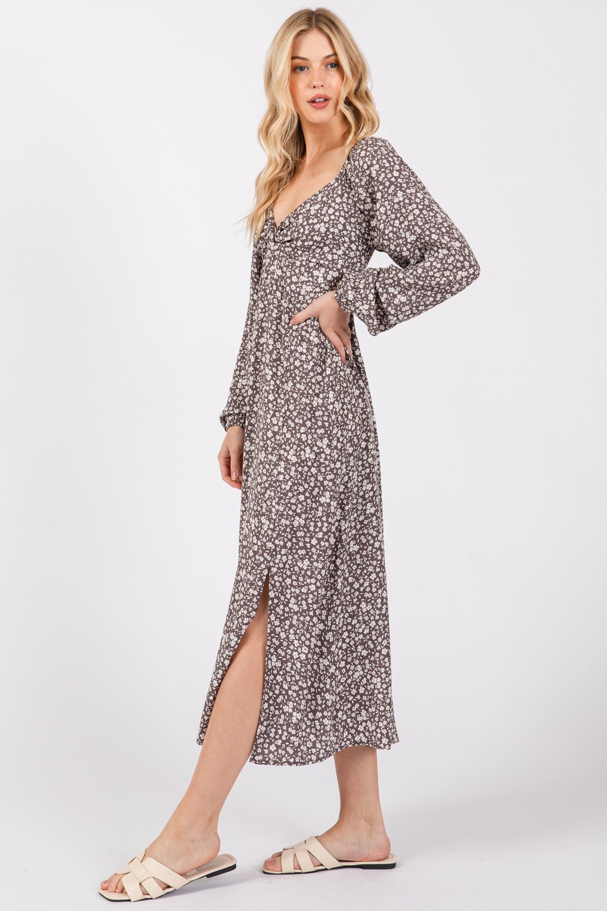 Mocha Floral Twist Front Long Sleeve Midi Dress Mocha Floral Twist Front Long Sleeve Midi Dress