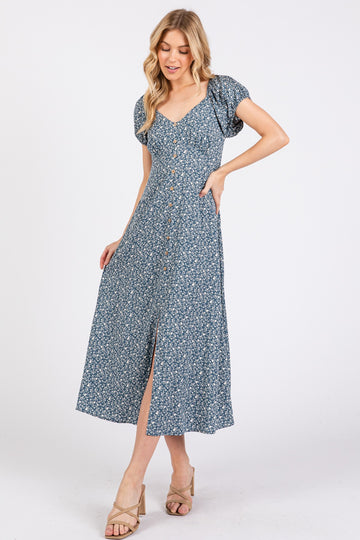 Teal Floral V-Neck Button Front Midi Dress