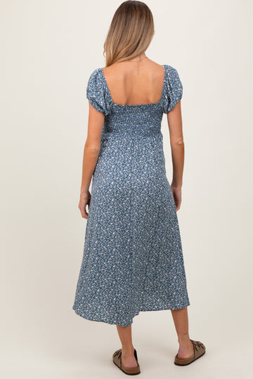 Teal Floral V-Neck Button Front Maternity Midi Dress