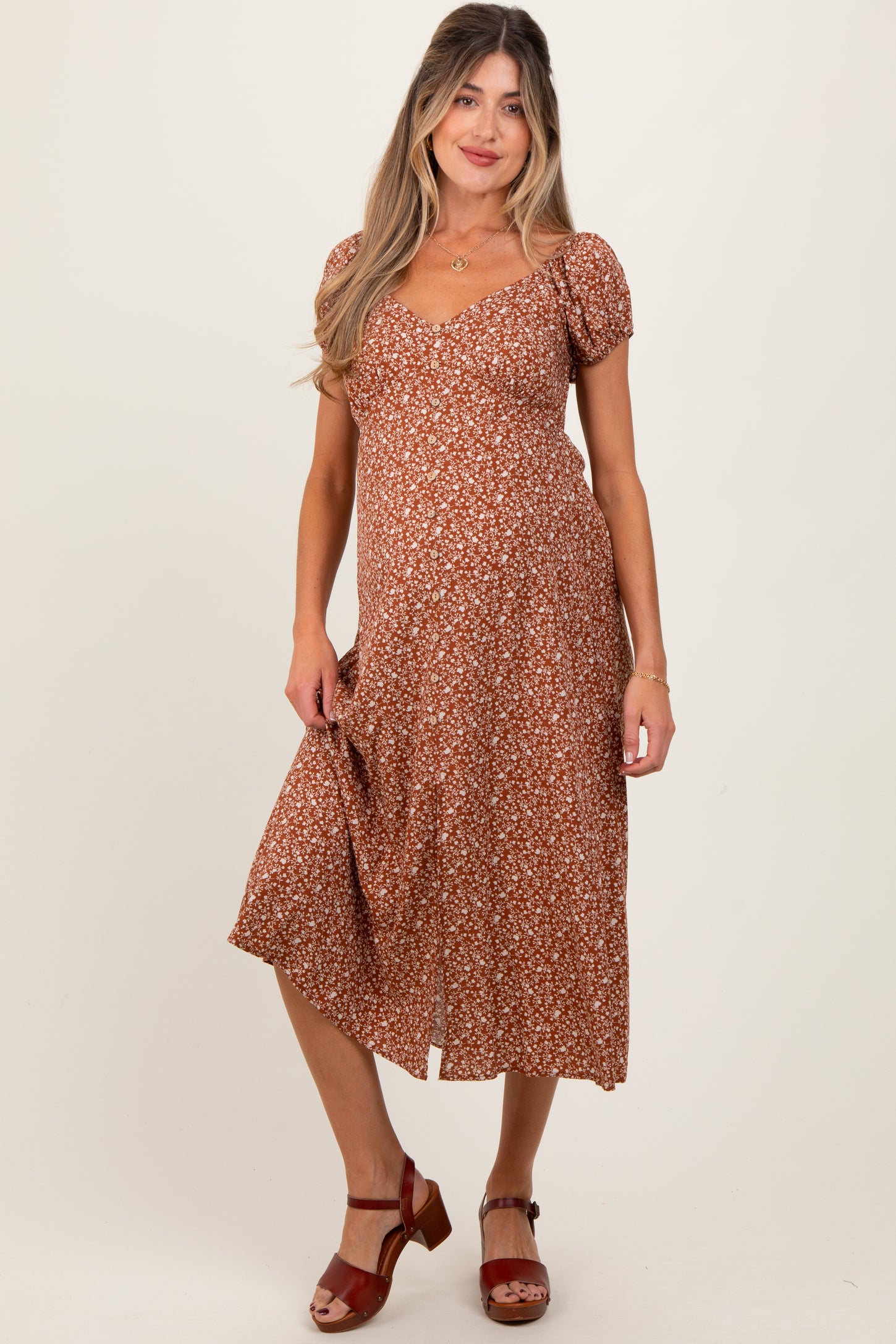 Rust Floral V-Neck Button Front Maternity Midi Dress