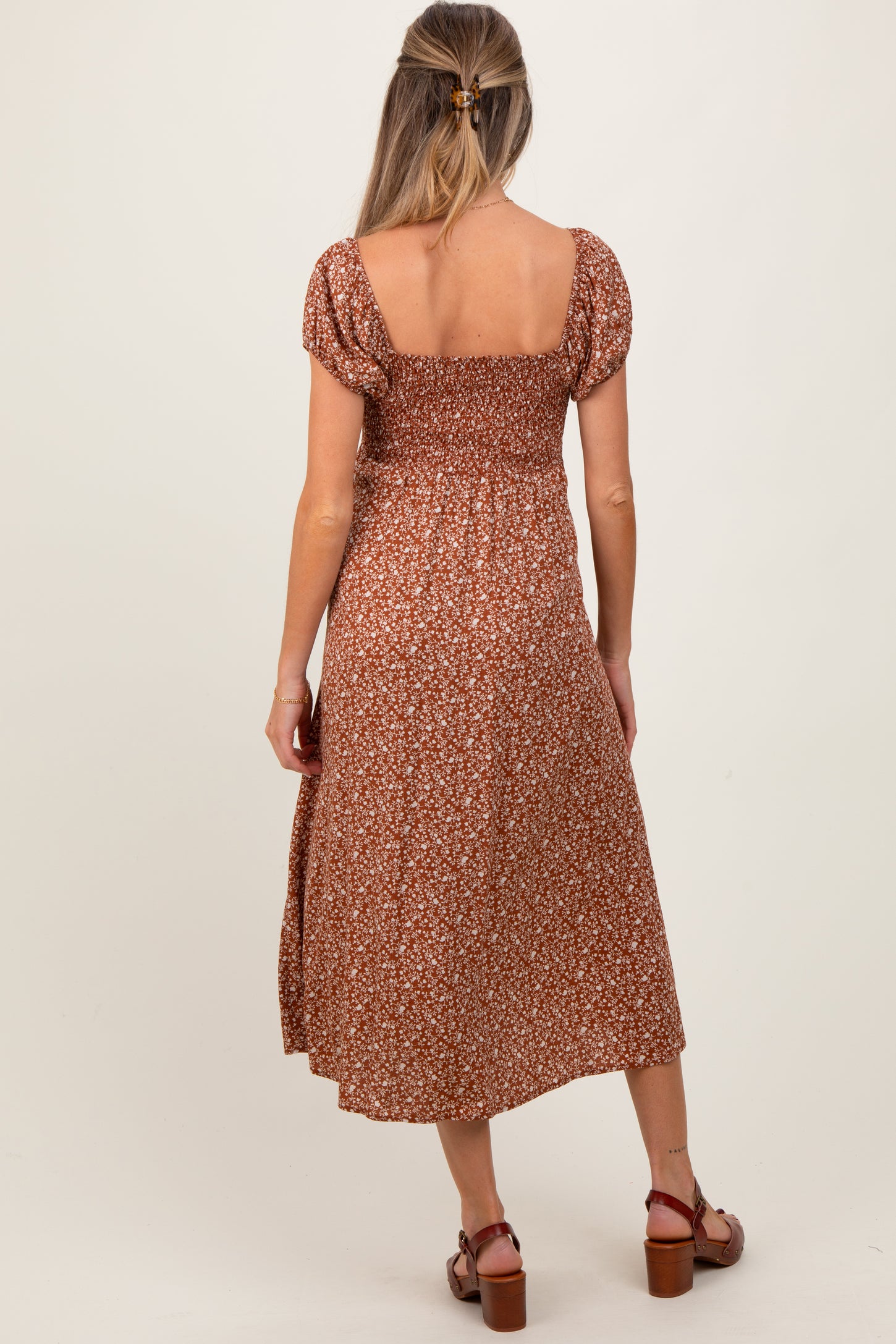 Rust Floral V-Neck Button Front Maternity Midi Dress