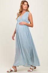 Light Blue Deep V-Neck Sleeveless Button Down Maternity Maxi Dress