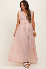 Light Pink Deep V-Neck Sleeveless Button Down Maternity Maxi Dress