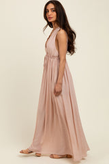 Light Pink Deep V-Neck Sleeveless Button Down Maxi Dress