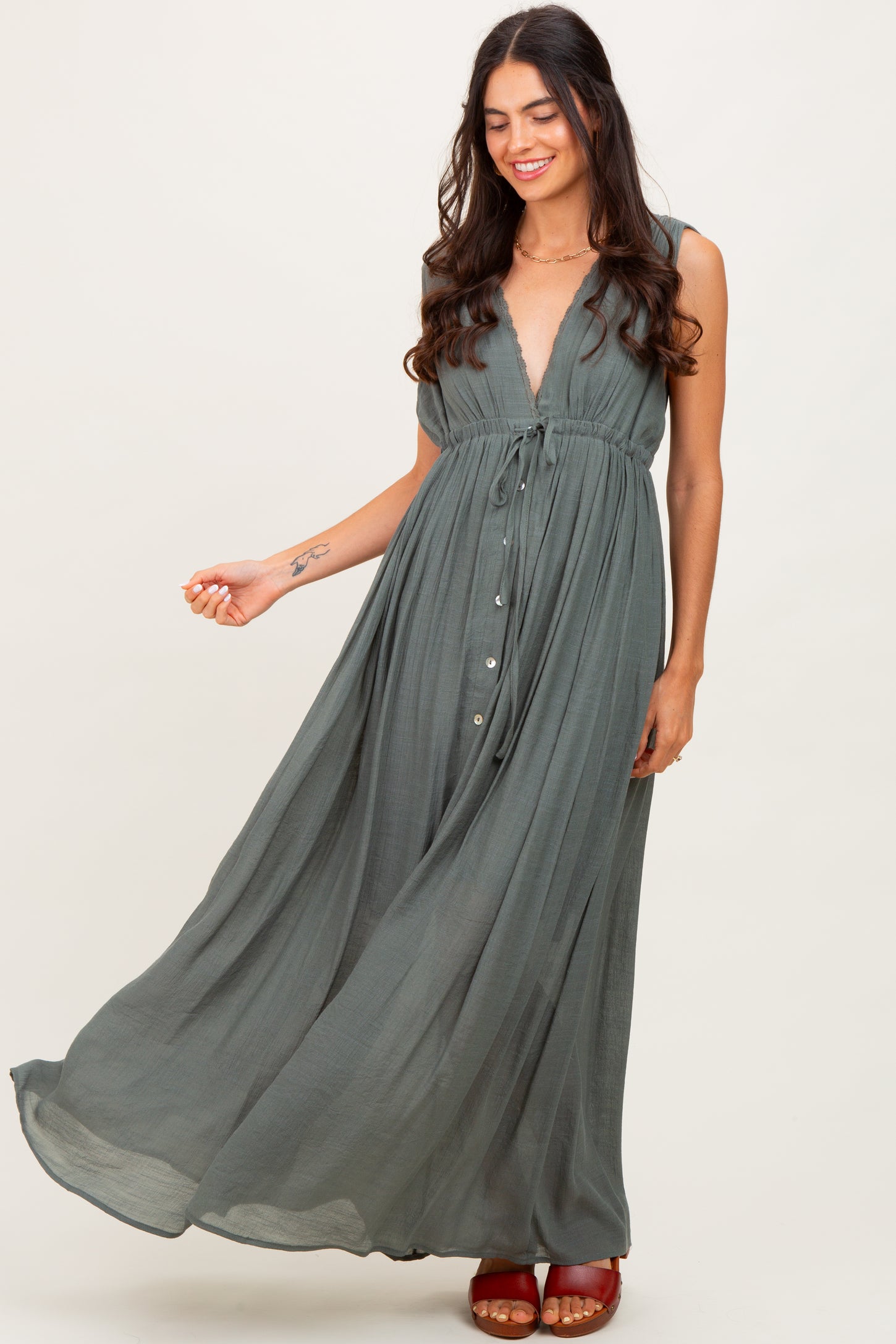 Olive Deep V-Neck Sleeveless Button Down Maternity Maxi Dress PinkBlush Olive Deep V-Neck Sleeveless Button Down Maternity Maxi Dress PinkBlush