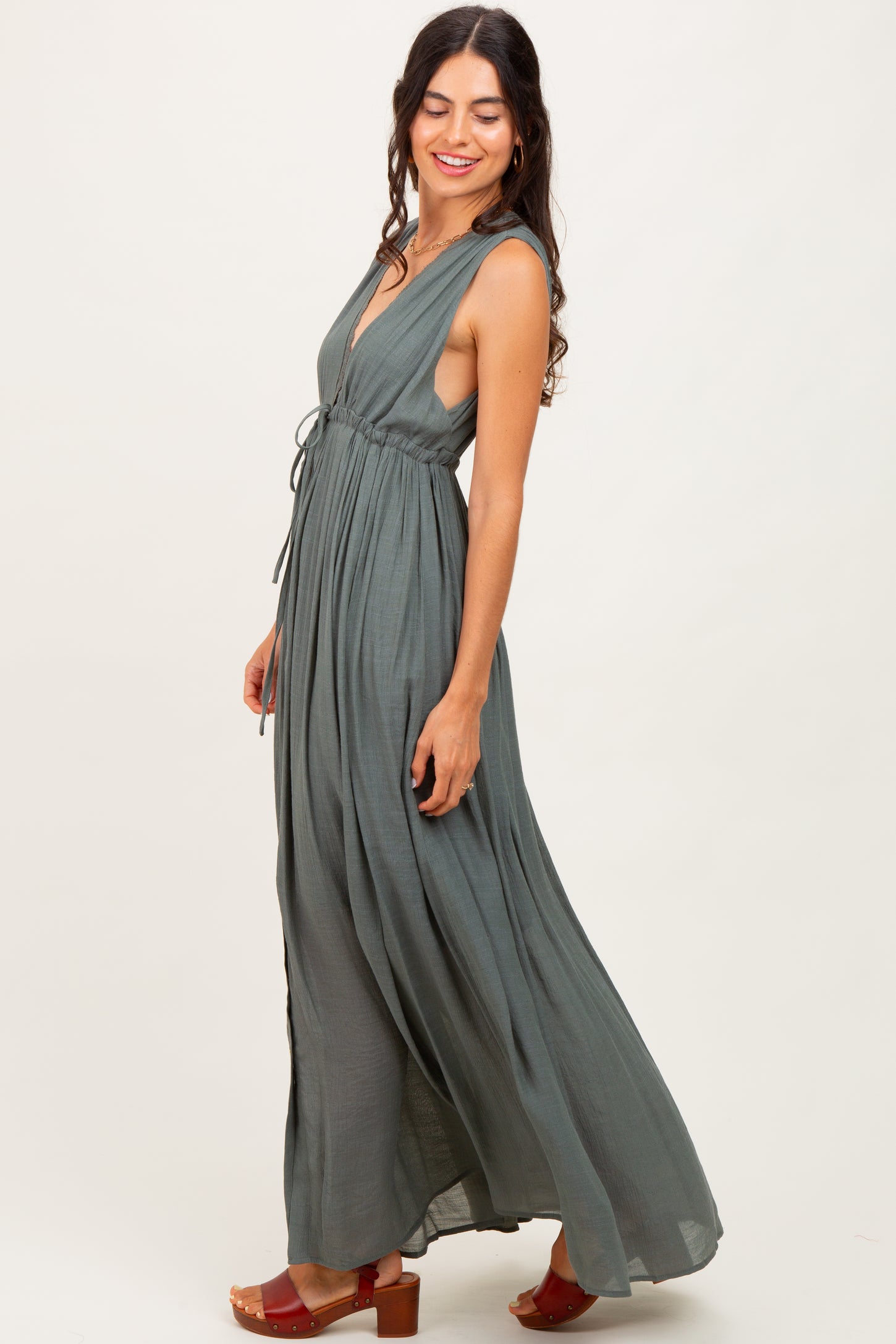 Olive Deep V-Neck Sleeveless Button Down Maxi Dress