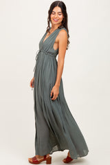 Olive Deep V-Neck Sleeveless Button Down Maxi Dress