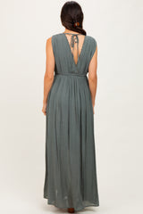 Olive Deep V-Neck Sleeveless Button Down Maxi Dress