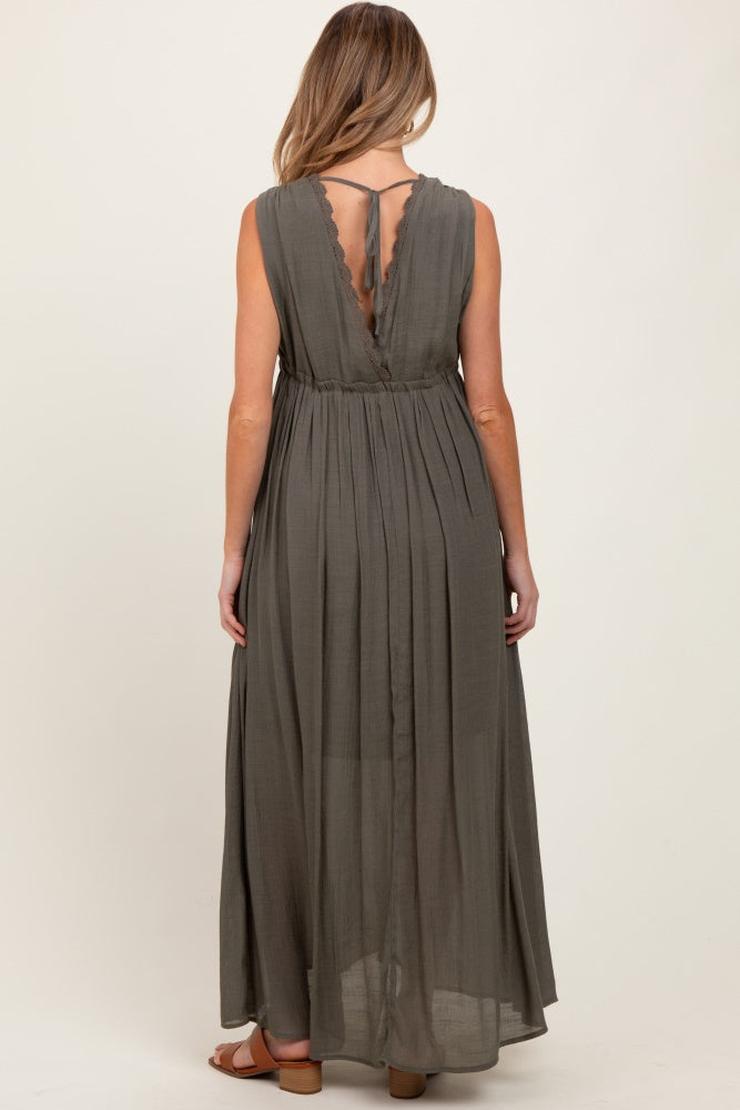 Olive Deep V-Neck Sleeveless Button Down Maternity Maxi Dress