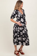 Black Floral Tie Front Tiered Maternity Midi Dress