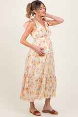 Cream Floral Shoulder Tie Deep V-Neck Tiered Maternity Maxi Dress