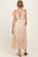 Cream Floral Shoulder Tie Deep V-Neck Tiered Maternity Maxi Dress