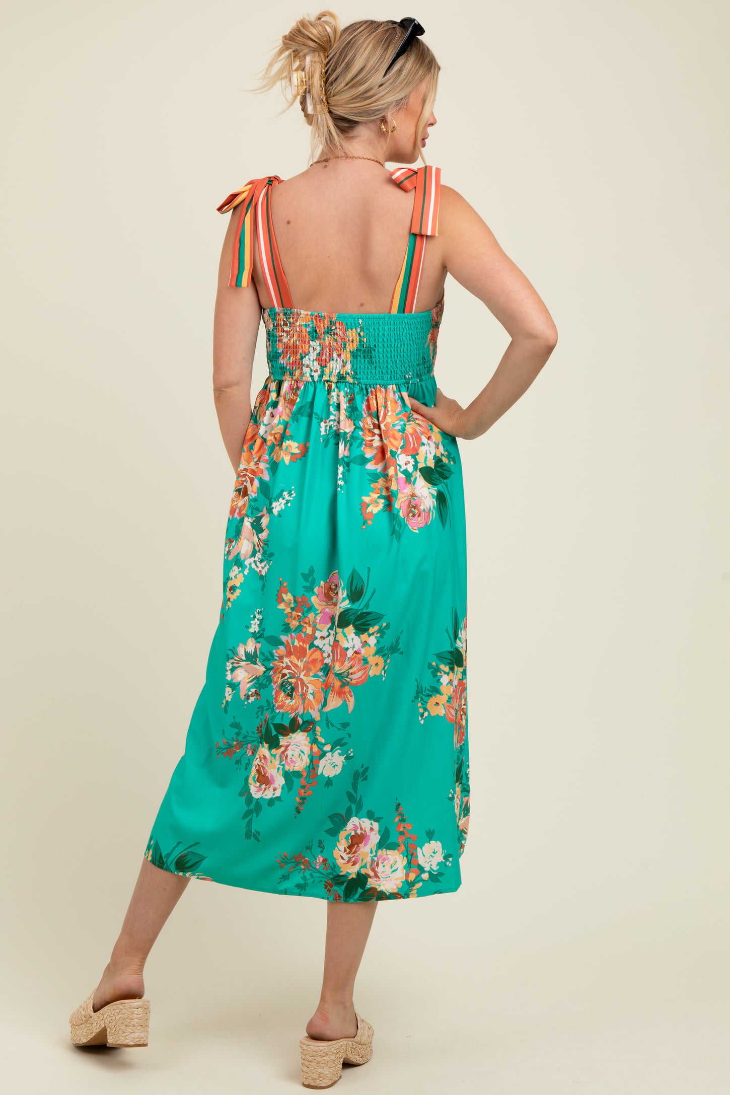 Turquoise Floral Contrast Shoulder Tie Maternity Midi Dress