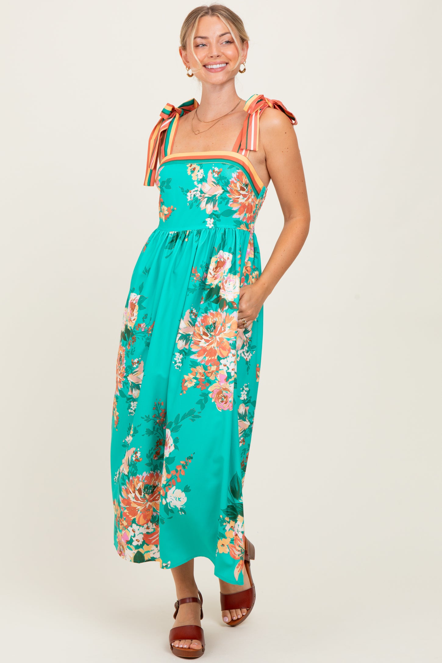 Turquoise Floral Contrast Shoulder Tie Maternity Midi Dress