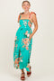 Turquoise Floral Contrast Shoulder Tie Midi Dress