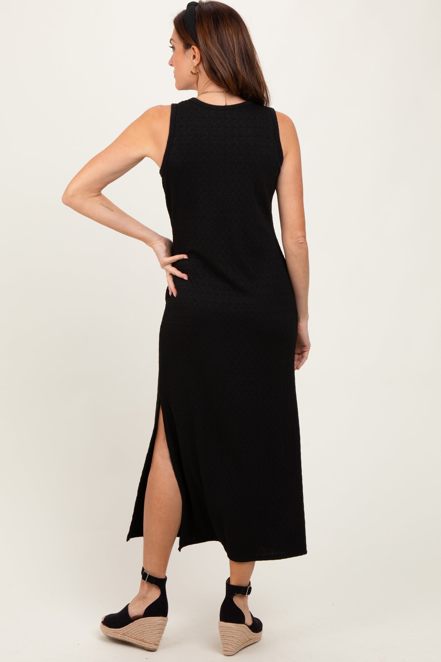 Black Jacquard Sleeveless Side Slit Midi Dress