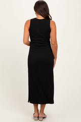 Black Jacquard Sleeveless Side Slit Maternity Midi Dress
