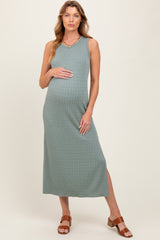 Green Jacquard Sleeveless Side Slit Maternity Midi Dress