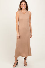 Light Taupe Jacquard Sleeveless Side Slit Maternity Midi Dress